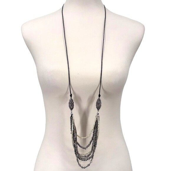 J. Jill Layered Necklace Art Deco Silver Tone Hematite Bead Pavé Adjustable Cord - Picture 9 of 15